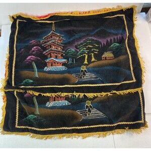 Vintage Asian Pagoda Velvet Silk Pillowcase Set Gold Fringe Oriental Decor -2